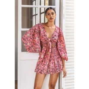 Charina Sarte Regina Smocked Tie Front Skirt Set in Pink Batik Print Small